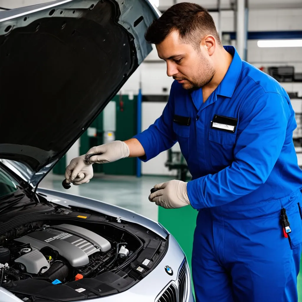 BMW Mechanic Working on Engine