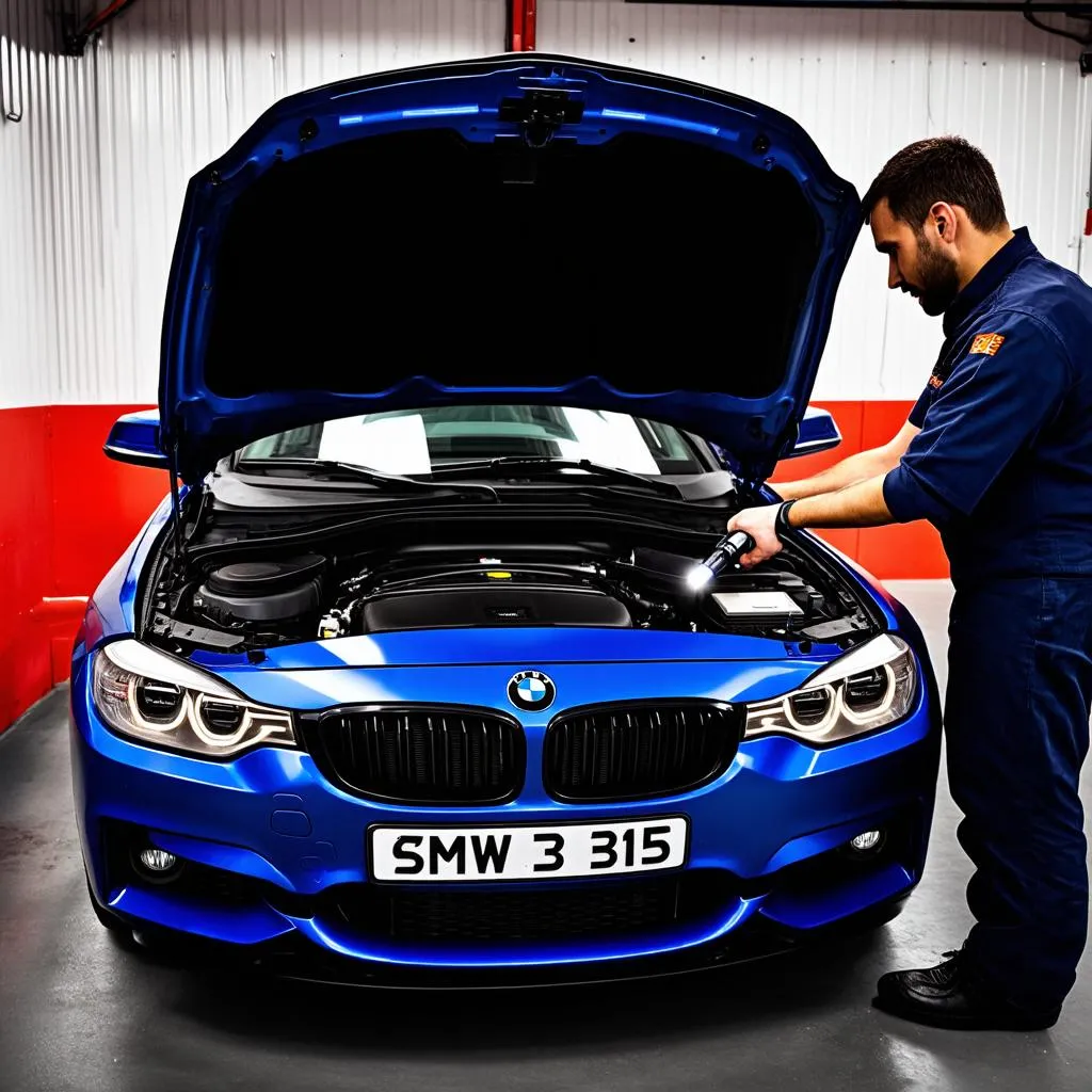 Mechanic inspecting the engine of a BMW