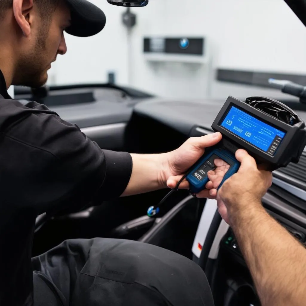 BMW mechanic using diagnostic tool