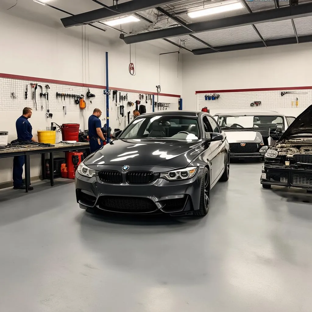 Modern BMW modification shop interior