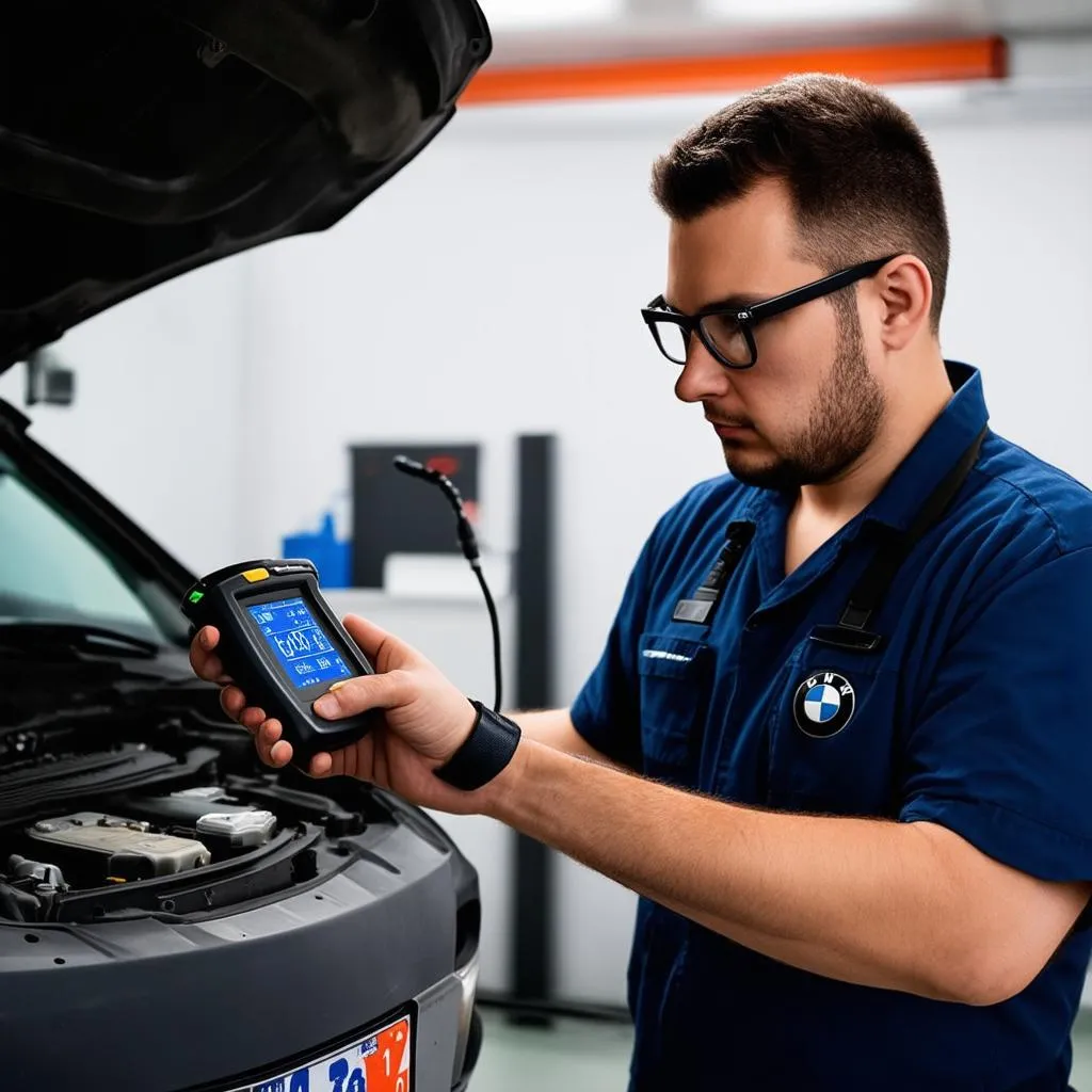  BMW Mechanic Diagnosing Car 