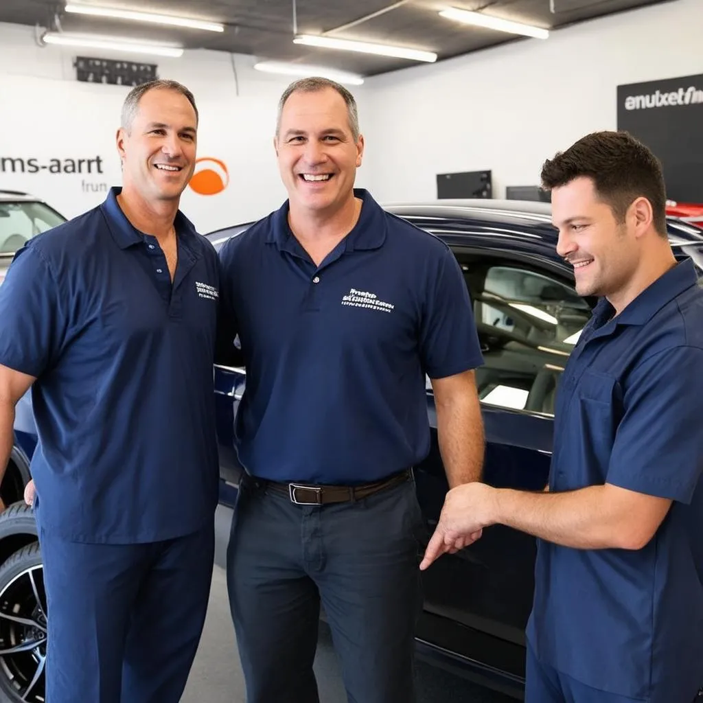 Car Dealership owner standing with mechanic and customer