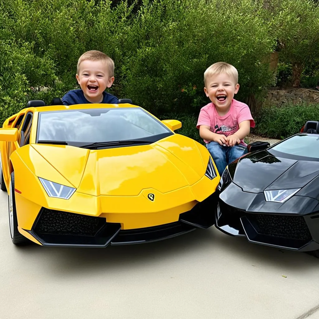 Two children playing with their Lamborghini ride-on cars