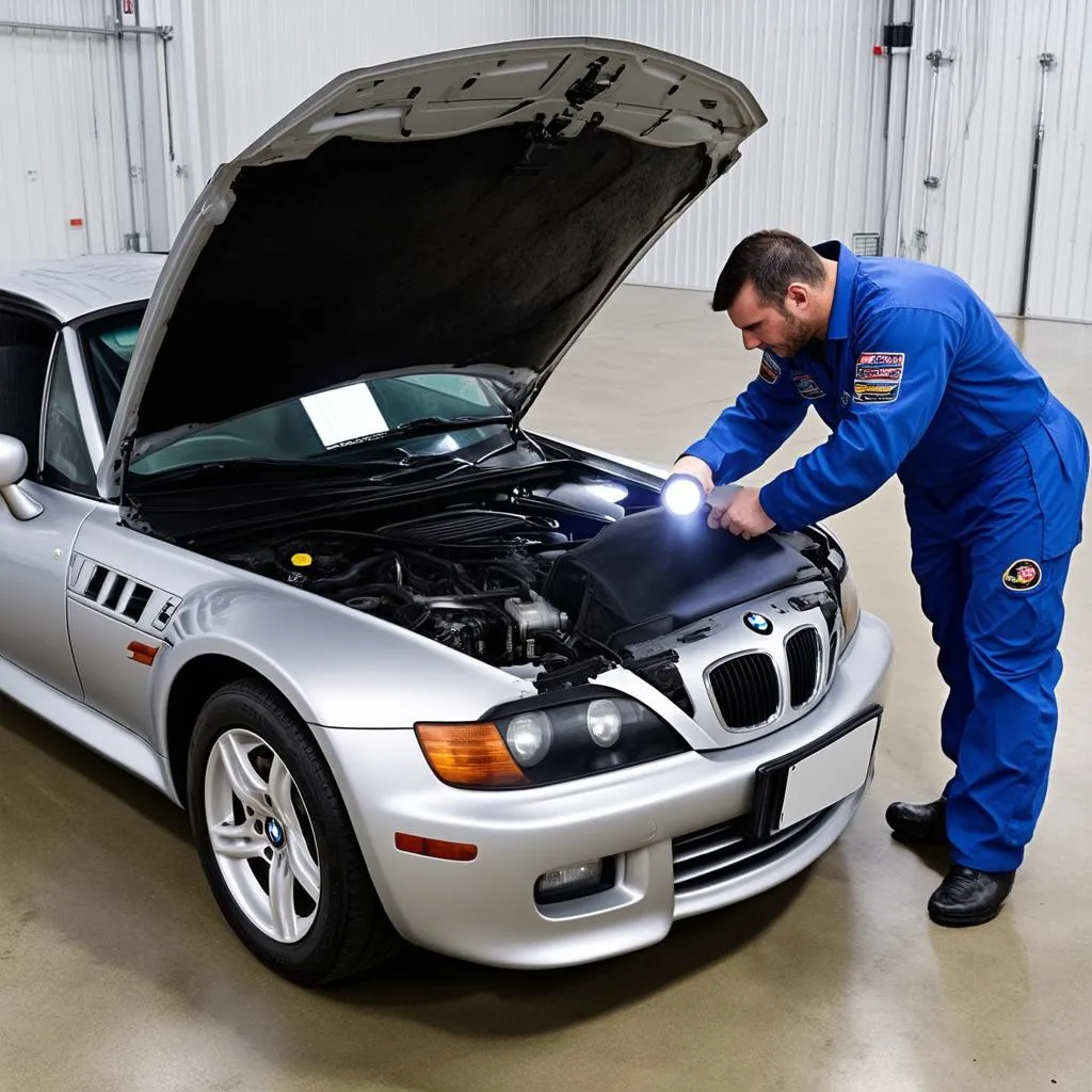 Mechanic Performing a Pre-Purchase Inspection on a BMW Z3