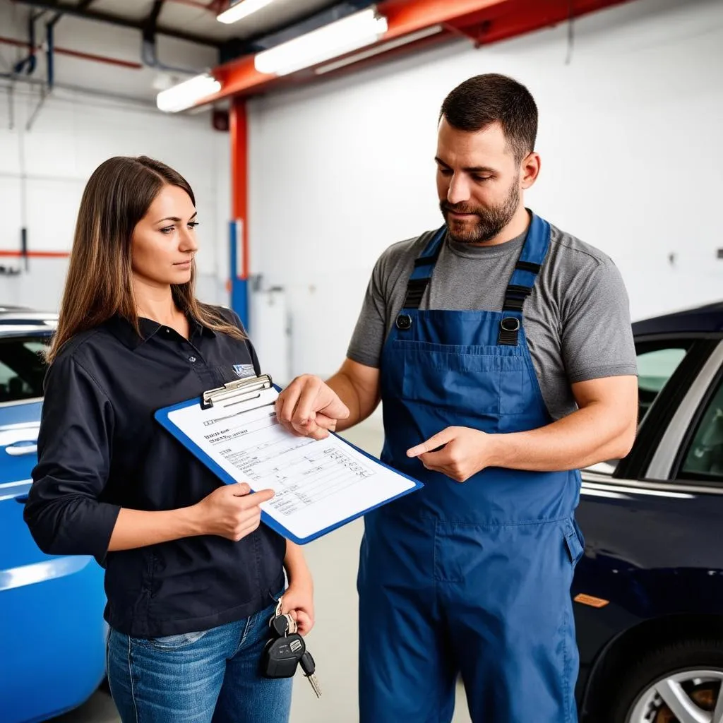 Mechanic explaining an invoice to a customer in the garage