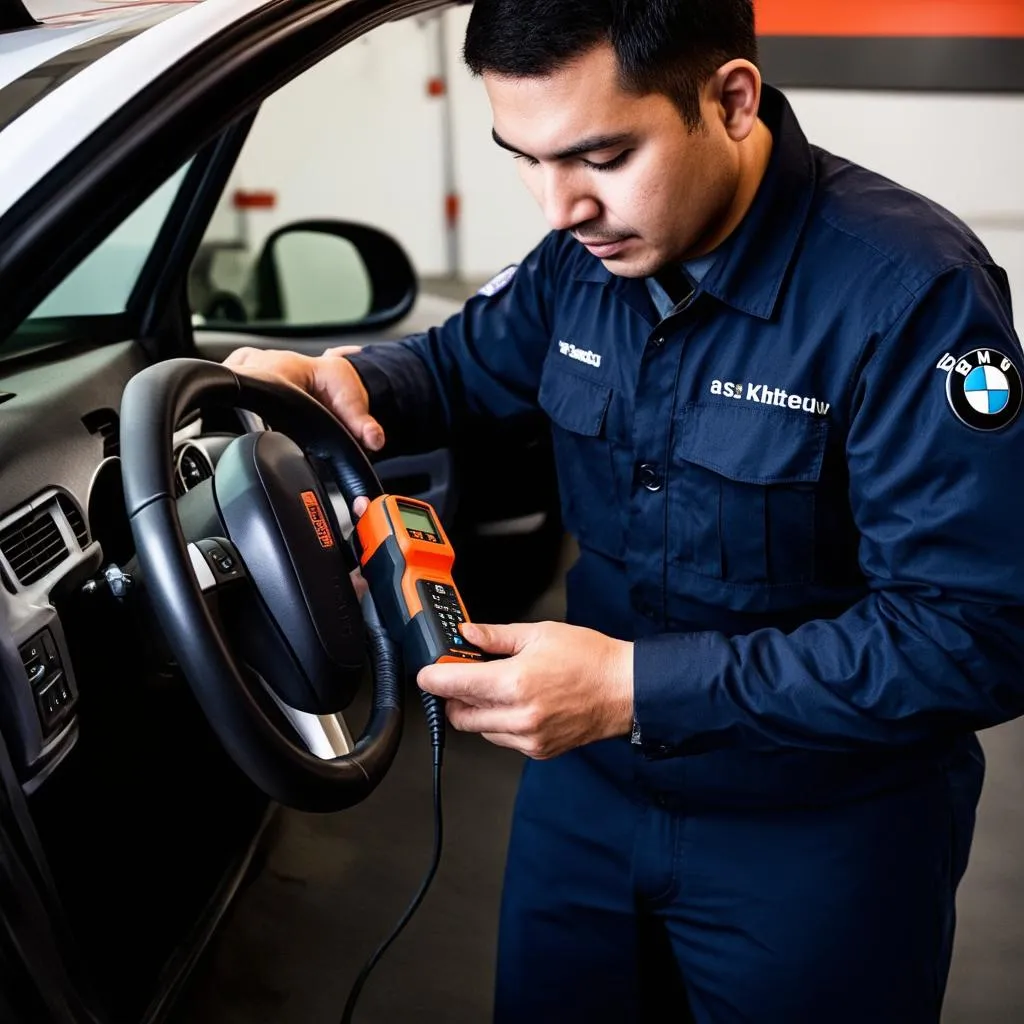 Mechanic inspecting the ABS system of a BMW in a garage