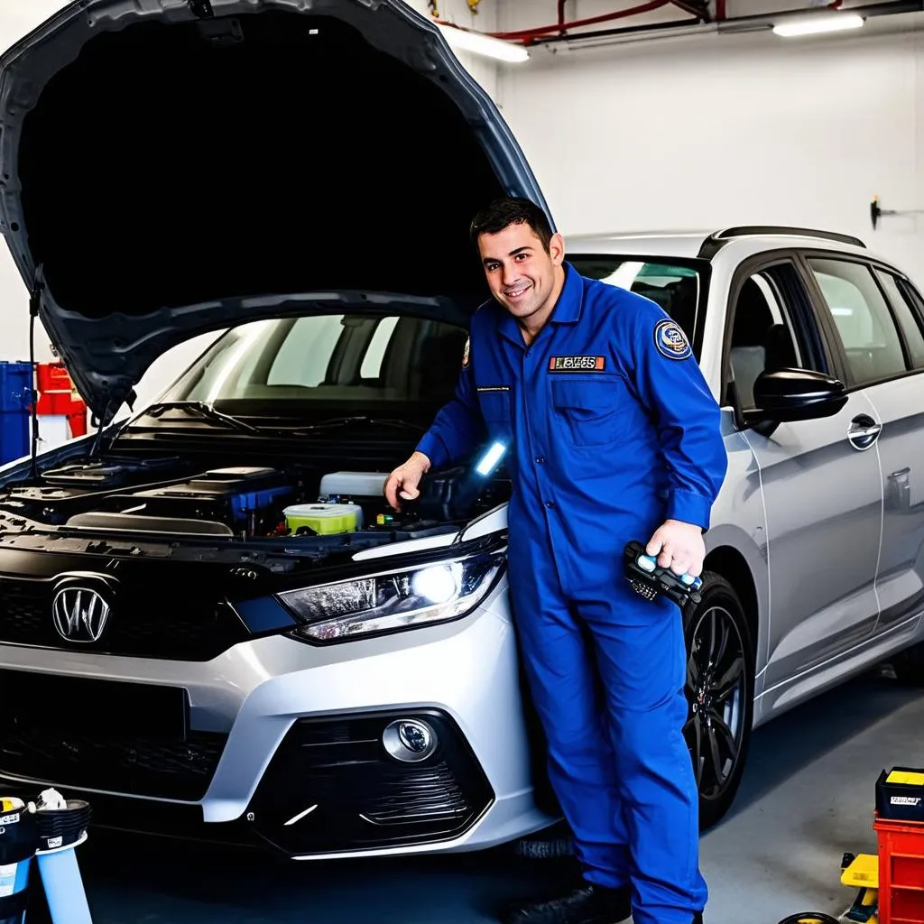 Mechanic inspecting a car's engine with a diagnostic tool