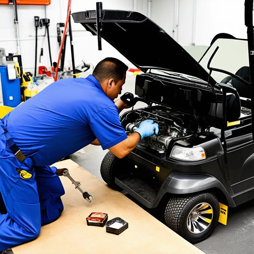 Mechanic inspecting a golf cart engine 