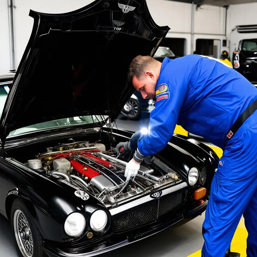 Mechanic inspecting a Bentley engine