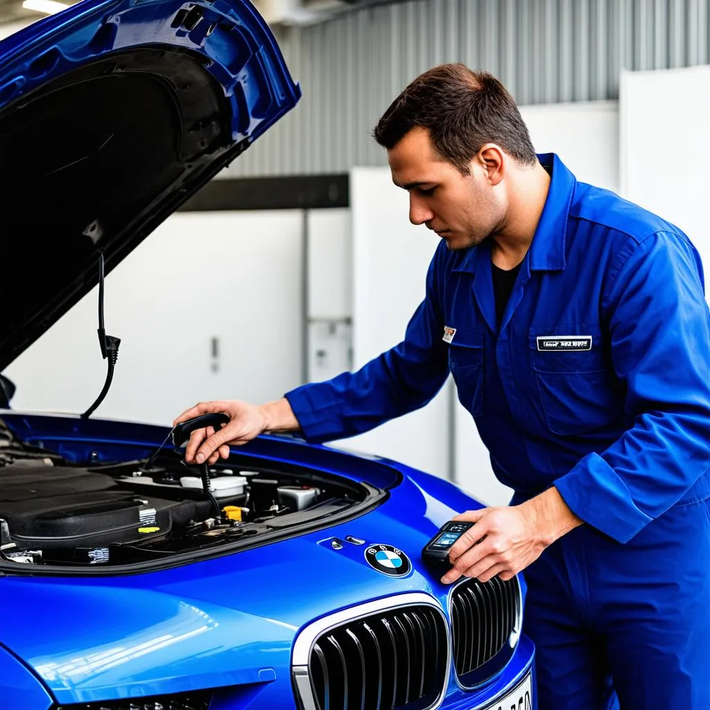 A mechanic using a diagnostic tool on a BMW