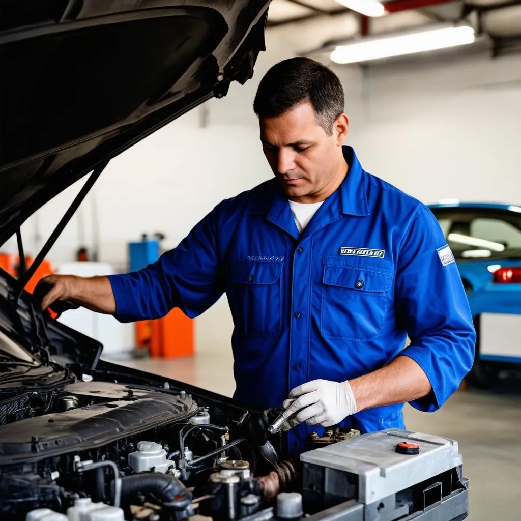 Mechanic inspecting car engine