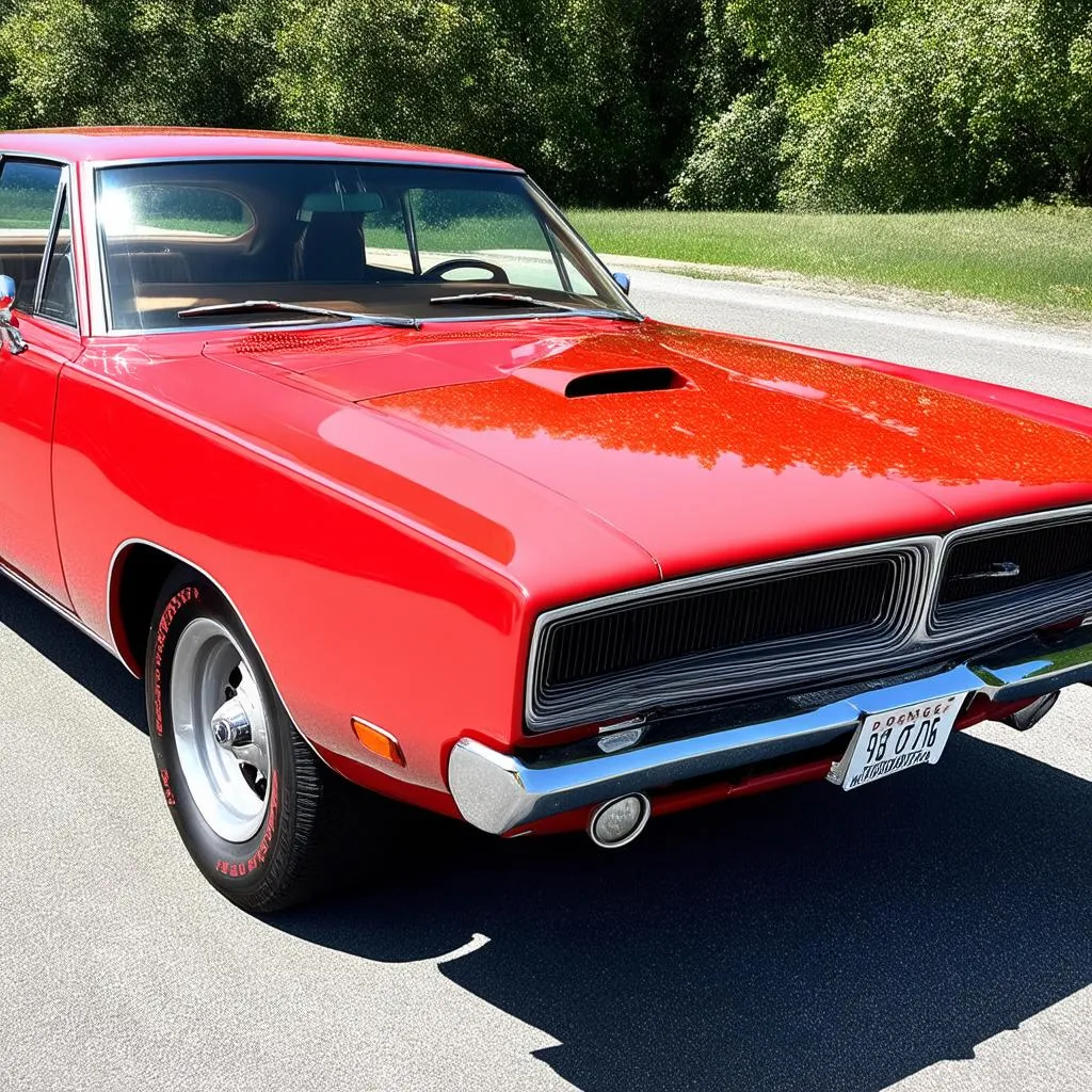 A gleaming, fully restored 1968 Dodge Charger in cherry red paint.