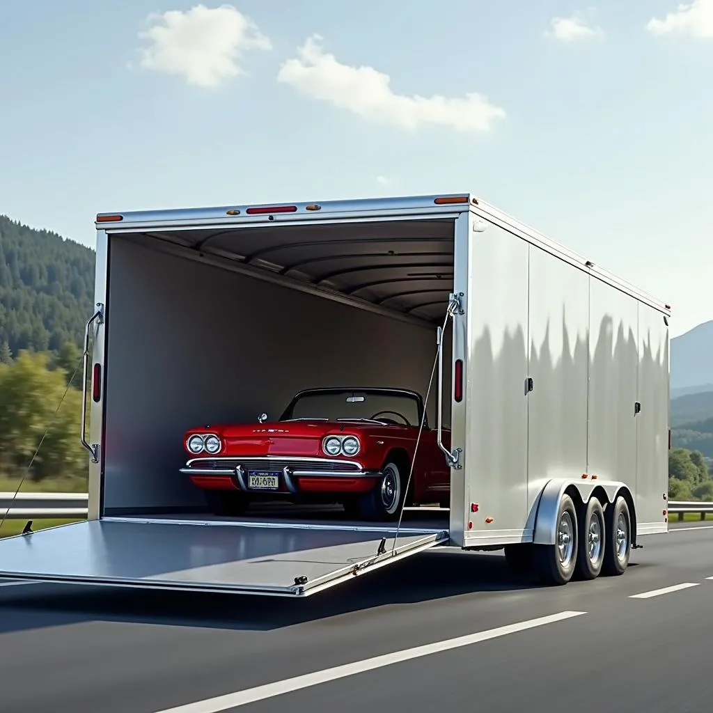 Aluminum enclosed car hauler transporting a classic car