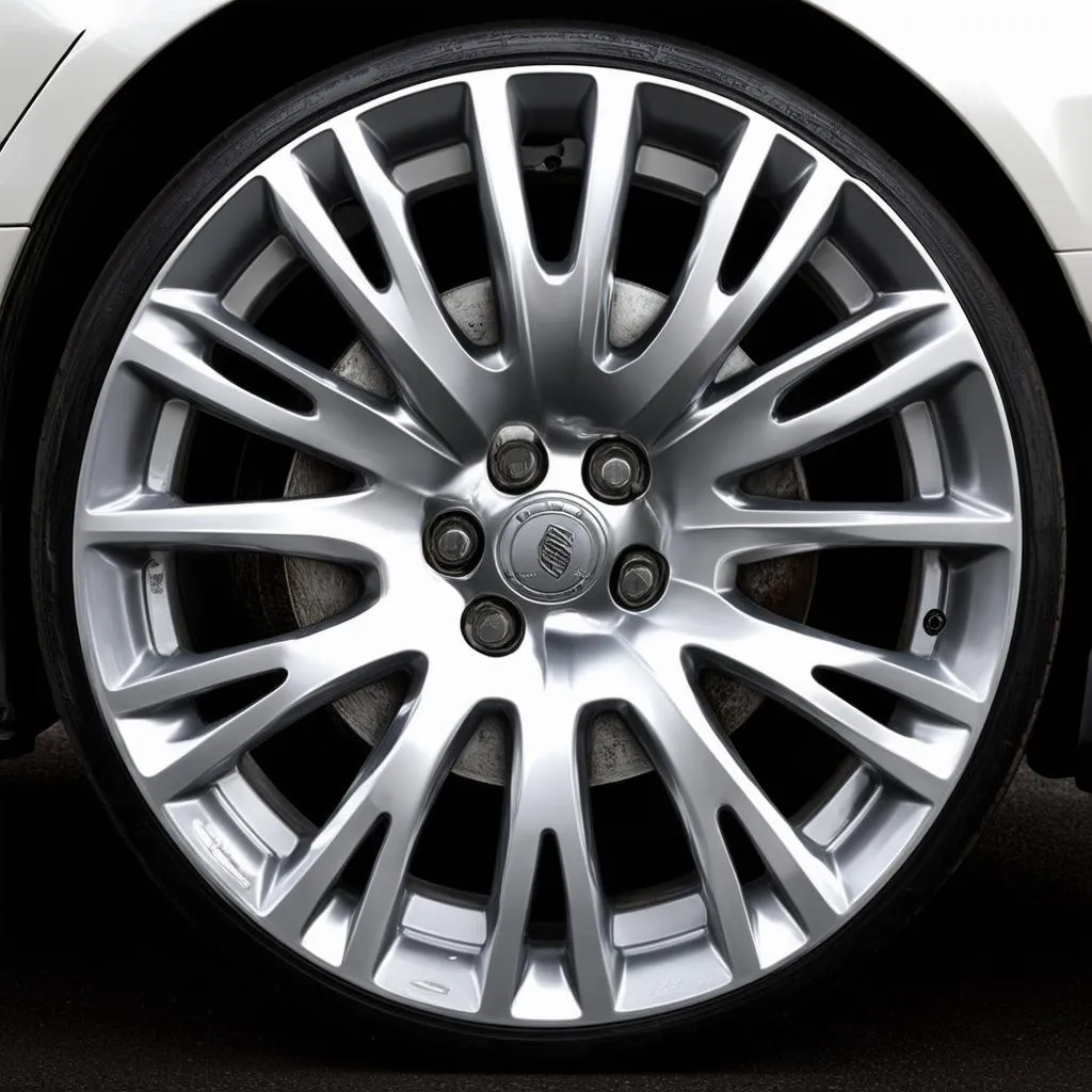 Close-up photo of a silver aluminum wheel, highlighting the intricate design and metallic finish.