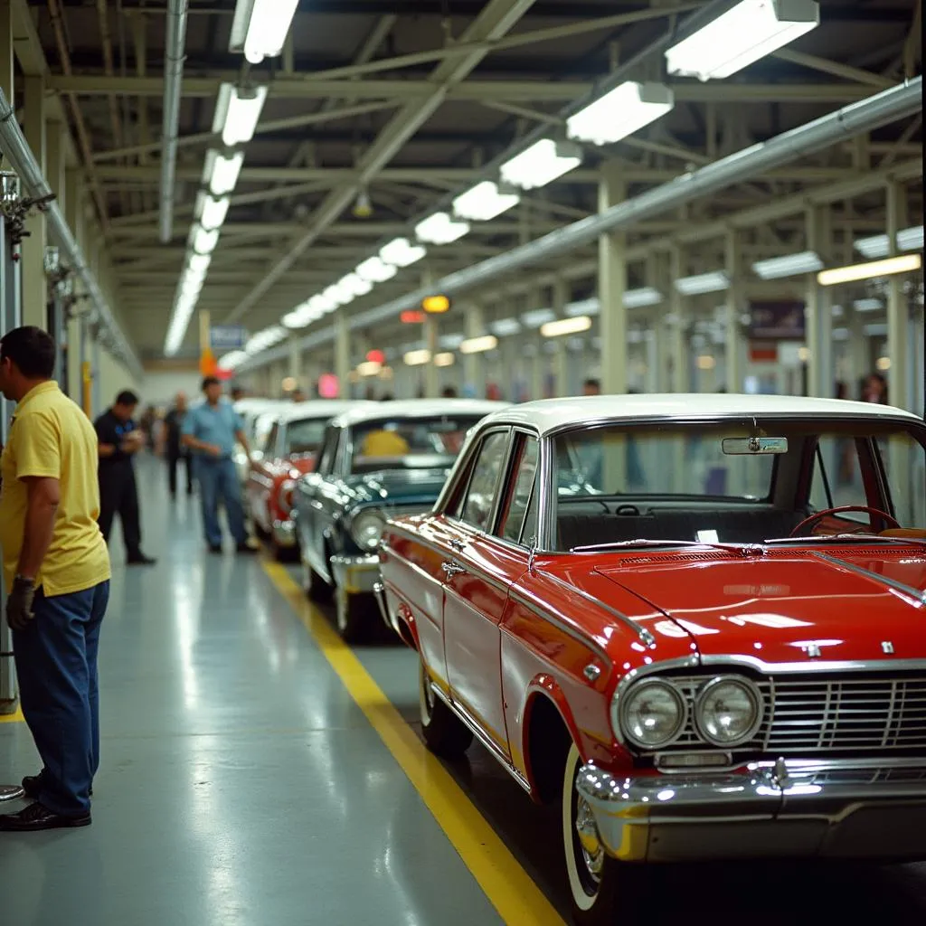 American cars on an assembly line in the 1980s