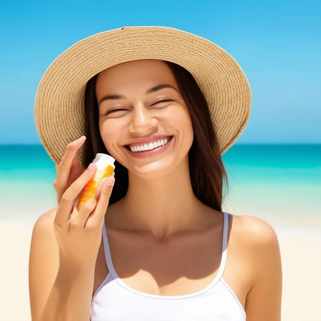 Woman applying sunscreen