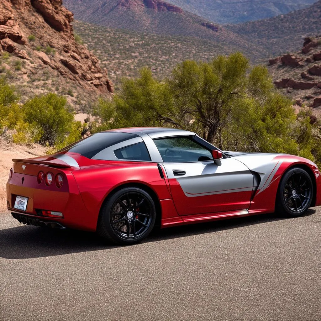 Sports car with Arizona red and silver wrap