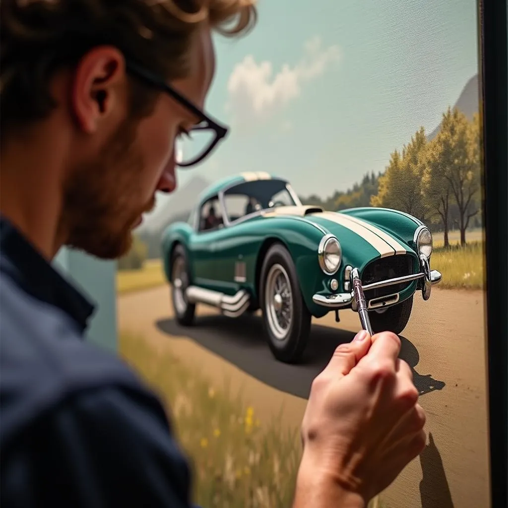 Art expert examining a classic car painting