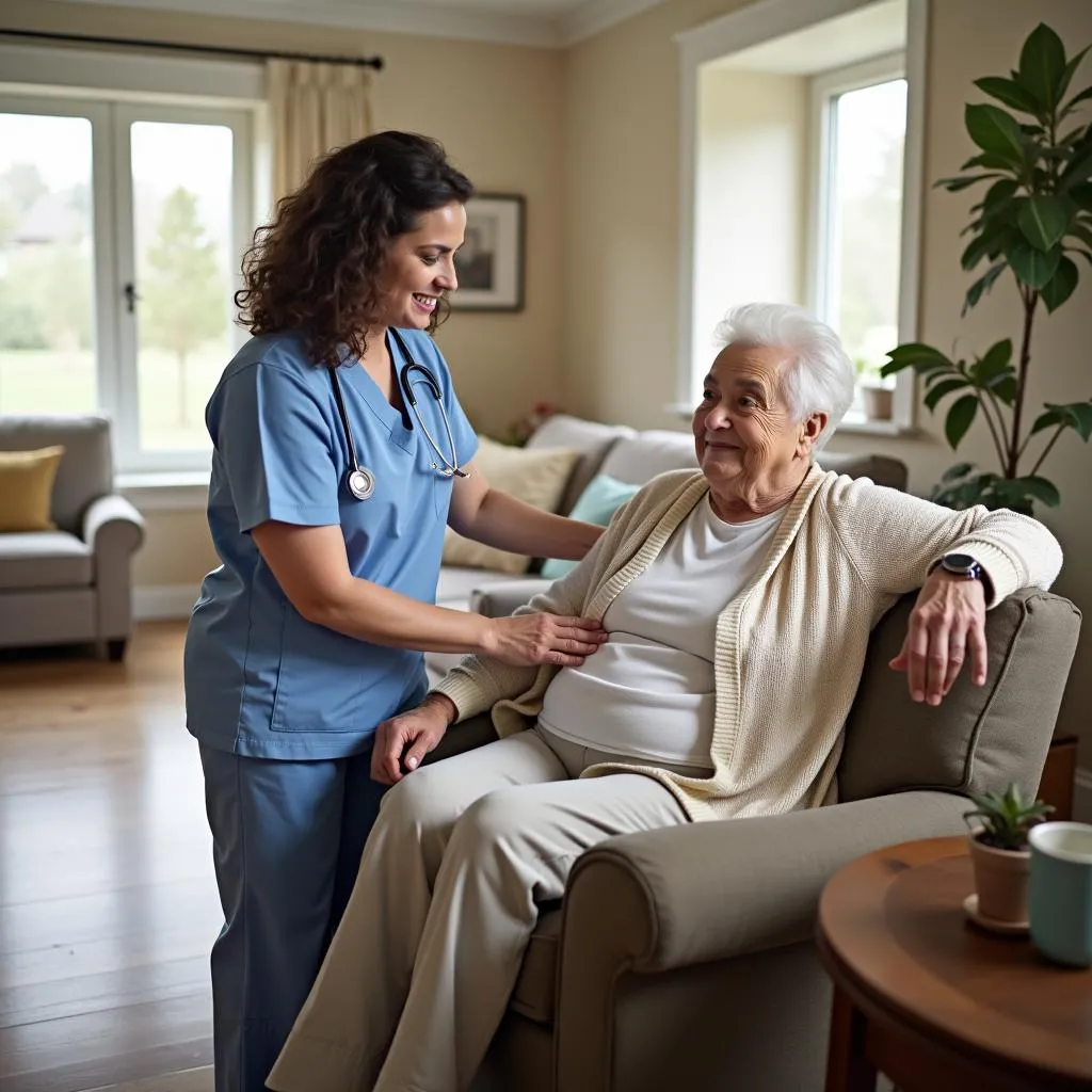 Aura home health care professional assisting senior woman