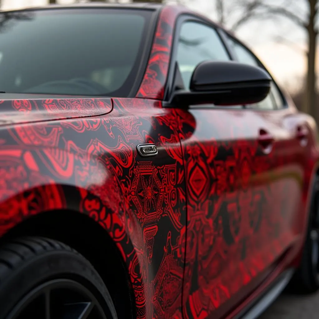 Custom-designed black and red car wrap