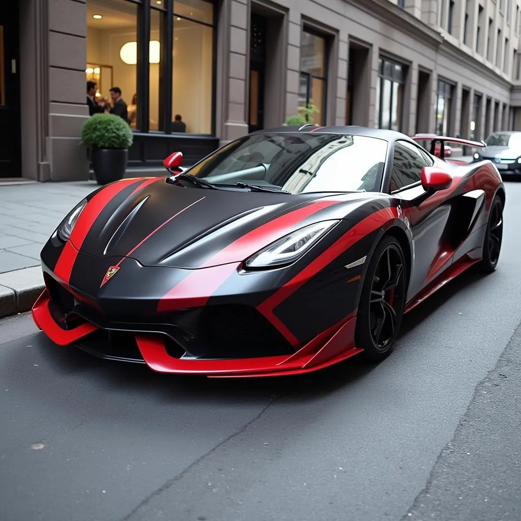 Sports car with a black and red car wrap