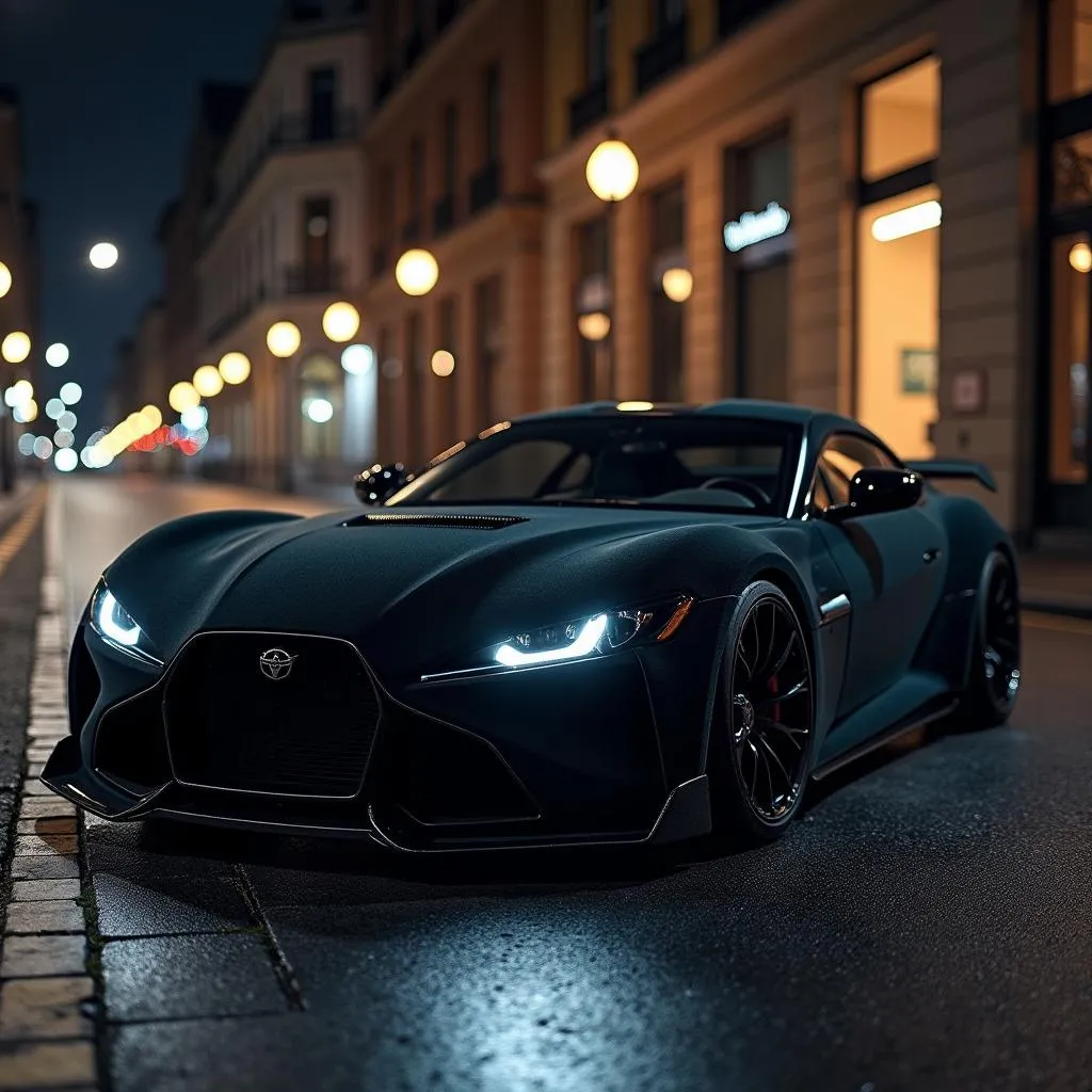 Black Velvet Wrapped Sports Car Parked on a City Street