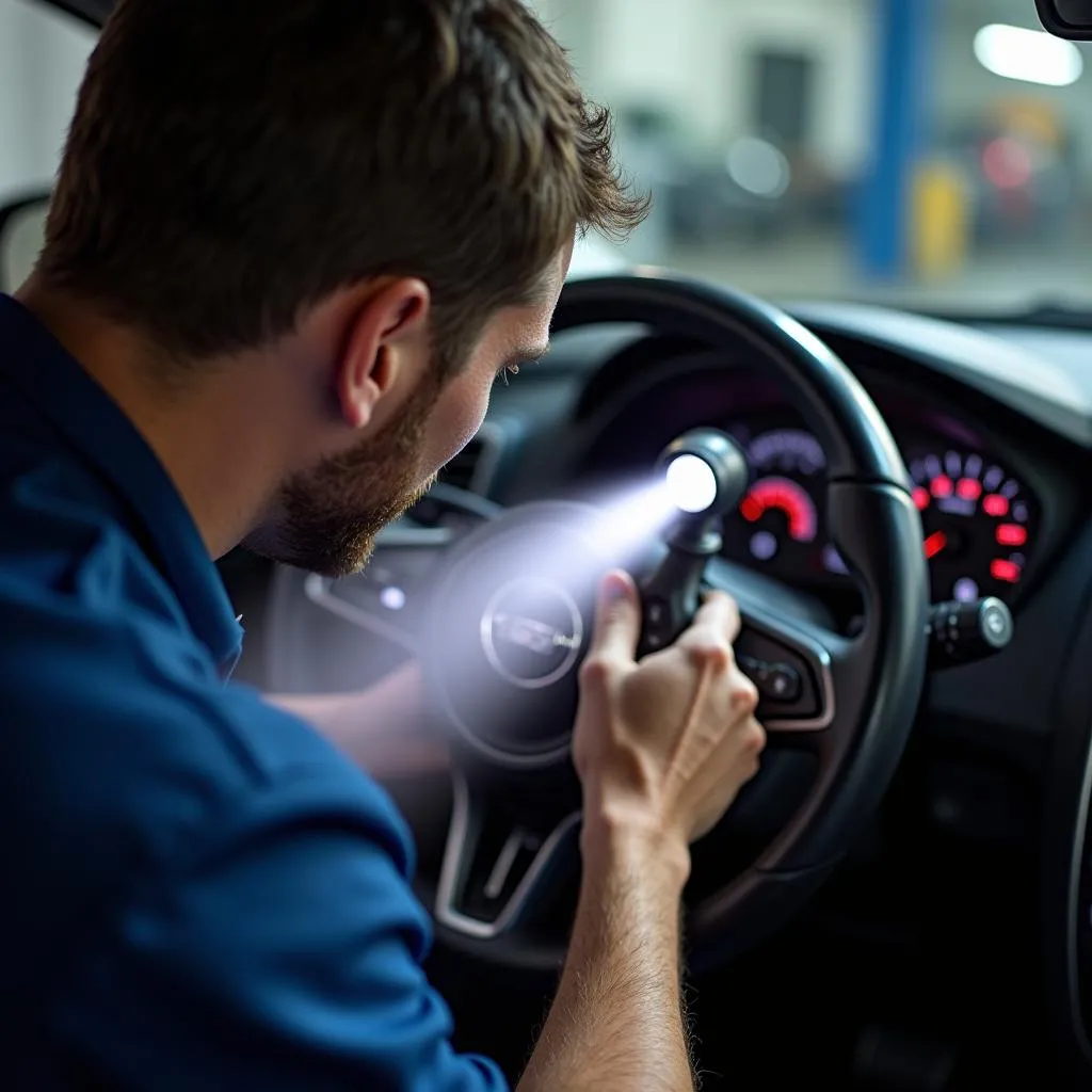 Mechanic inspecting car air freshener vent