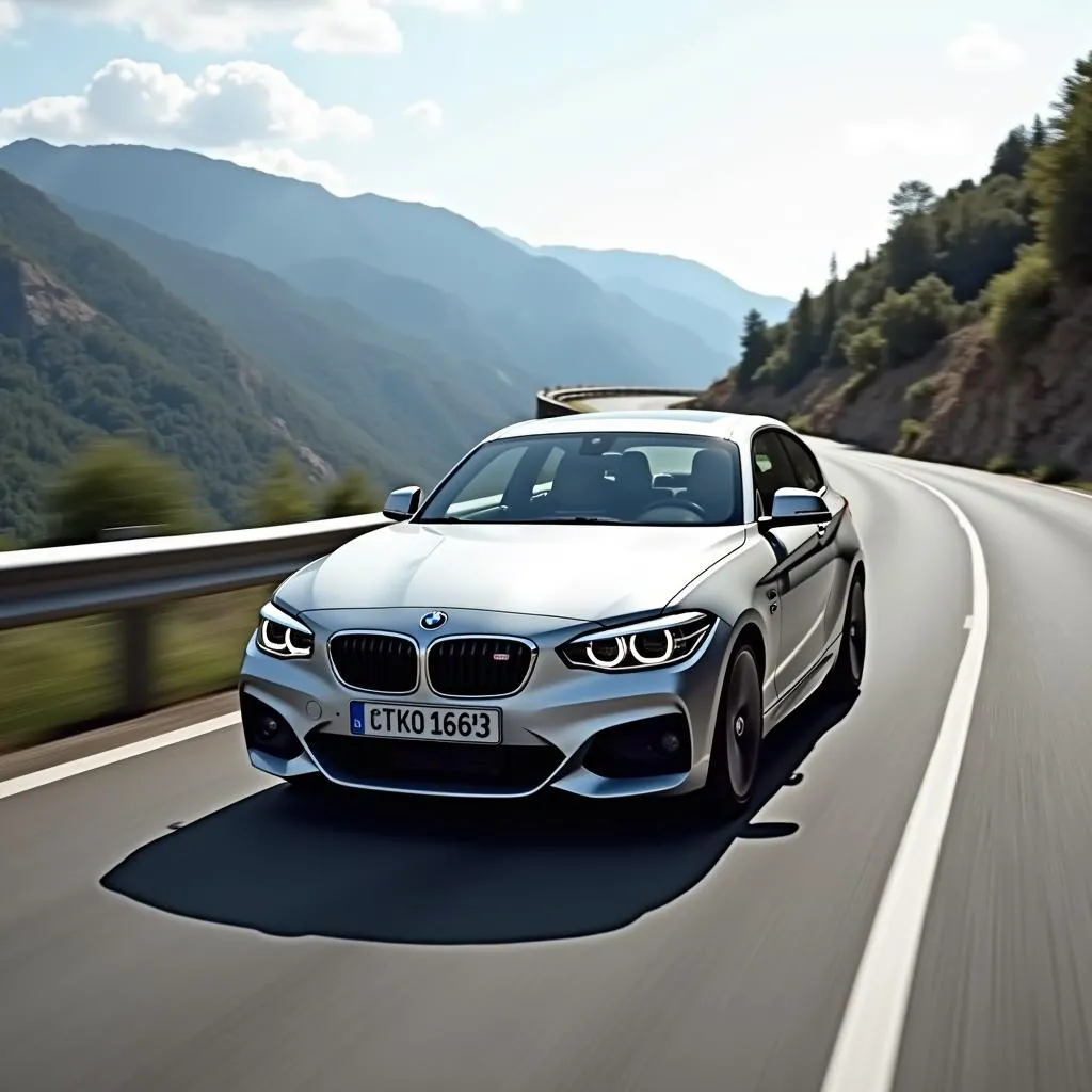 Silver BMW 135i driving on a scenic mountain road