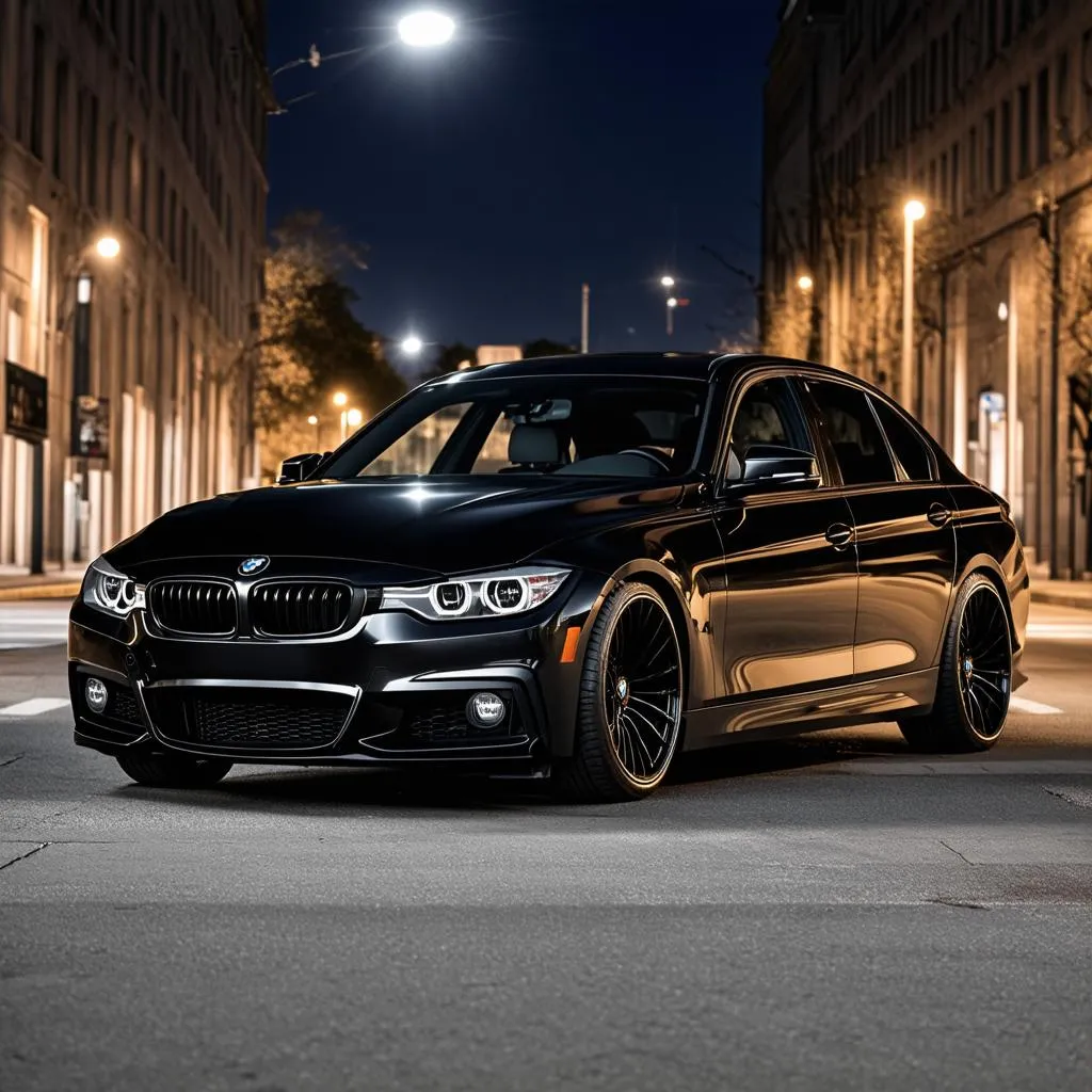 A black BMW 3 Series with black rims parked on a city street at night.