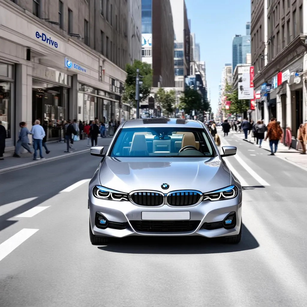 BMW 330e navigating city streets