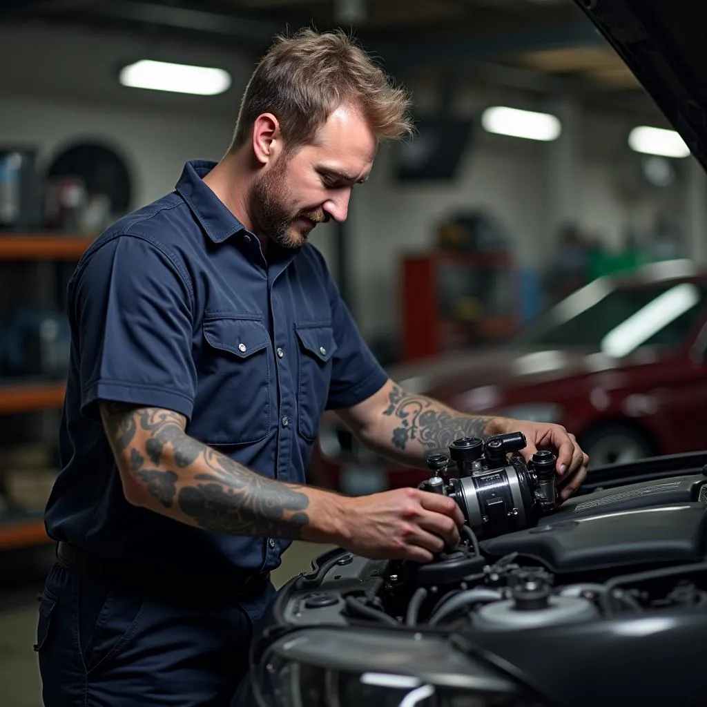 Mechanic replacing high-pressure fuel pump on BMW 335i