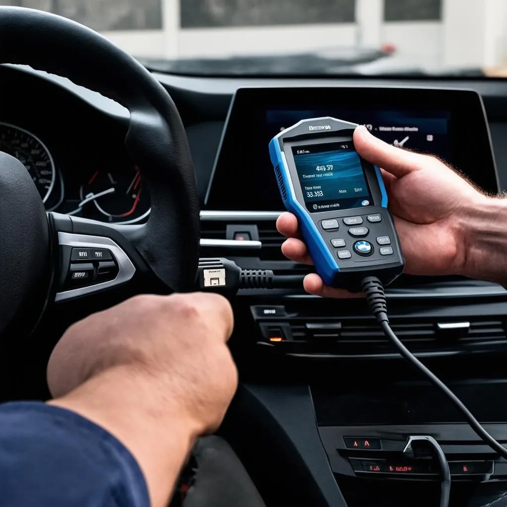 Mechanic using a dealer scanner on a BMW 340i