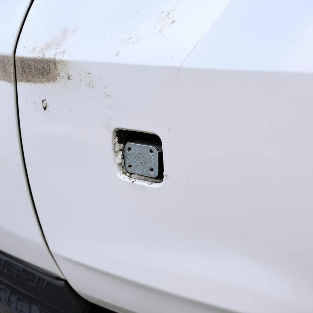 Close-up of a small paint chip on a white car