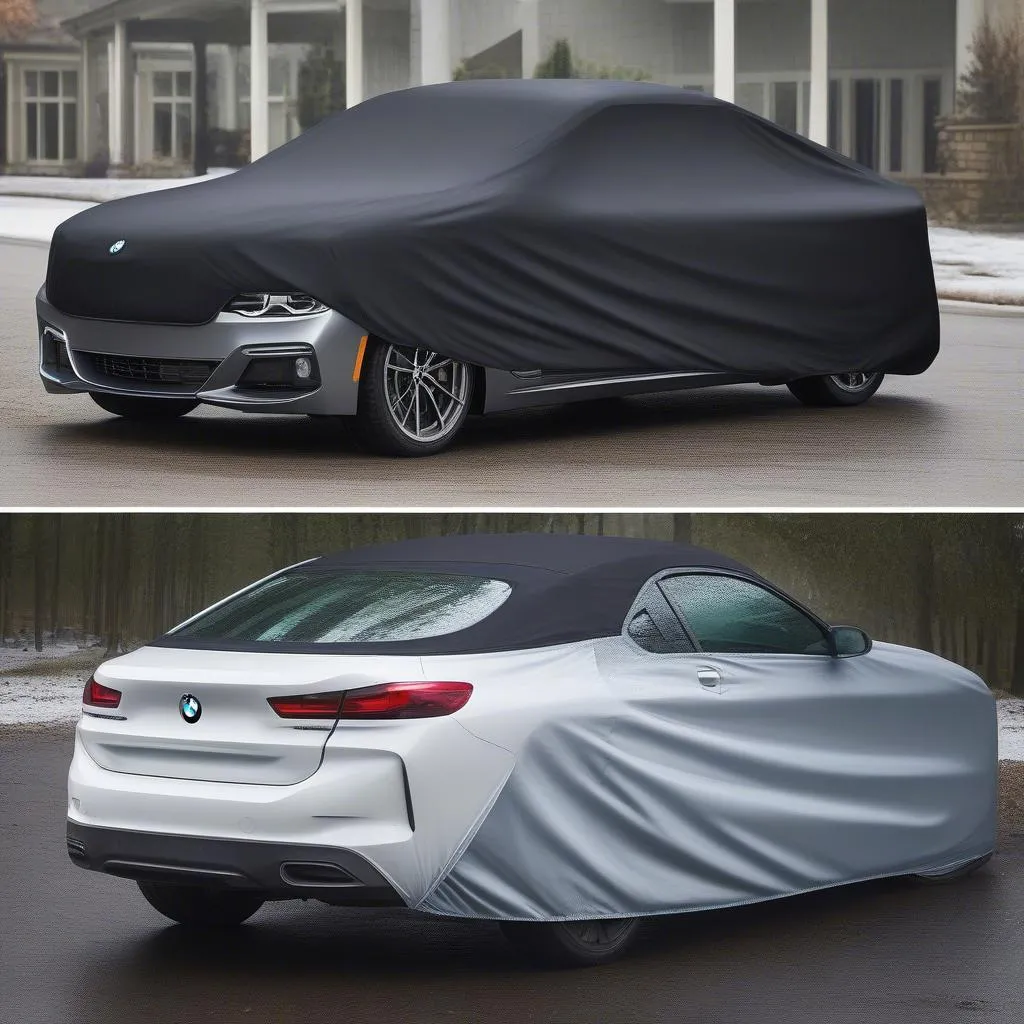 BMW car cover protecting from rain