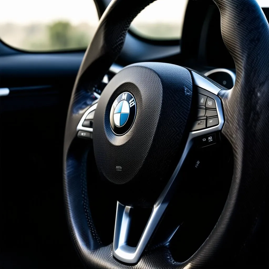 Close-up of a BMW Carbon Fiber Steering Wheel