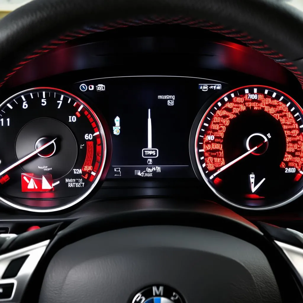 BMW dashboard with various warning lights illuminated