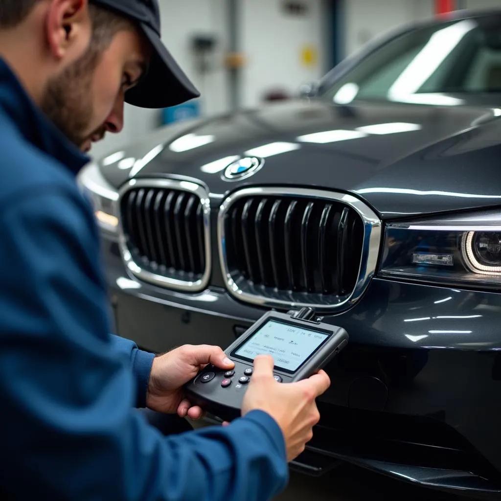 Mechanic using a diagnostic scanner on a BMW