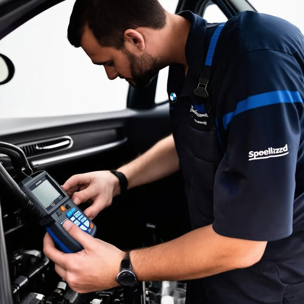 A mechanic uses a BMW diagnostics tool to diagnose a car issue.