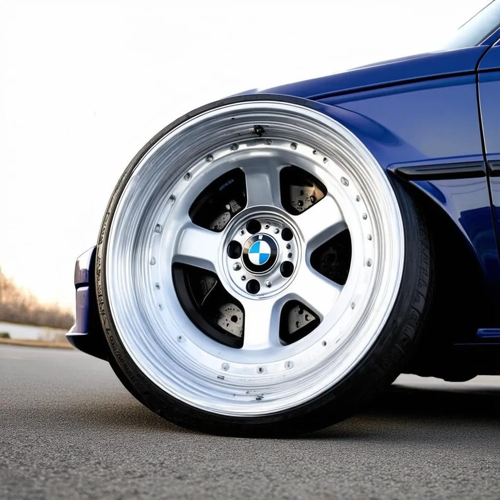 A set of classic BMW E30 wheels with the 4x100 bolt pattern. These wheels are a popular choice for enthusiasts looking to restore or modify their E30.