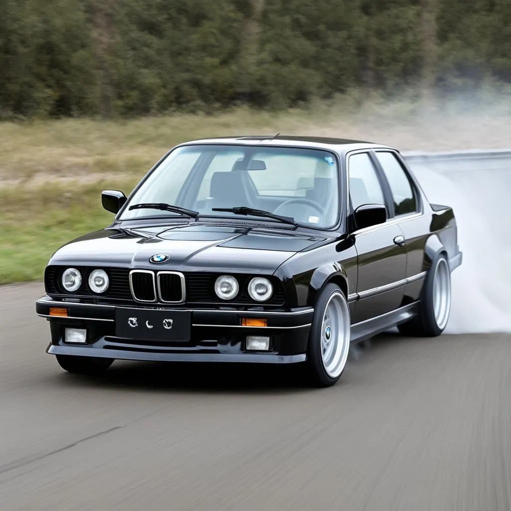 A BMW E30 cornering at high speed. The wheels are securely attached to the hub, providing optimal grip and stability. 