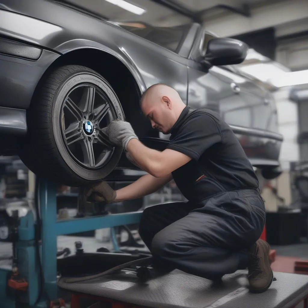 BMW E36 Camber Alignment: Close-up of a mechanic adjusting camber settings using a specialized alignment machine.