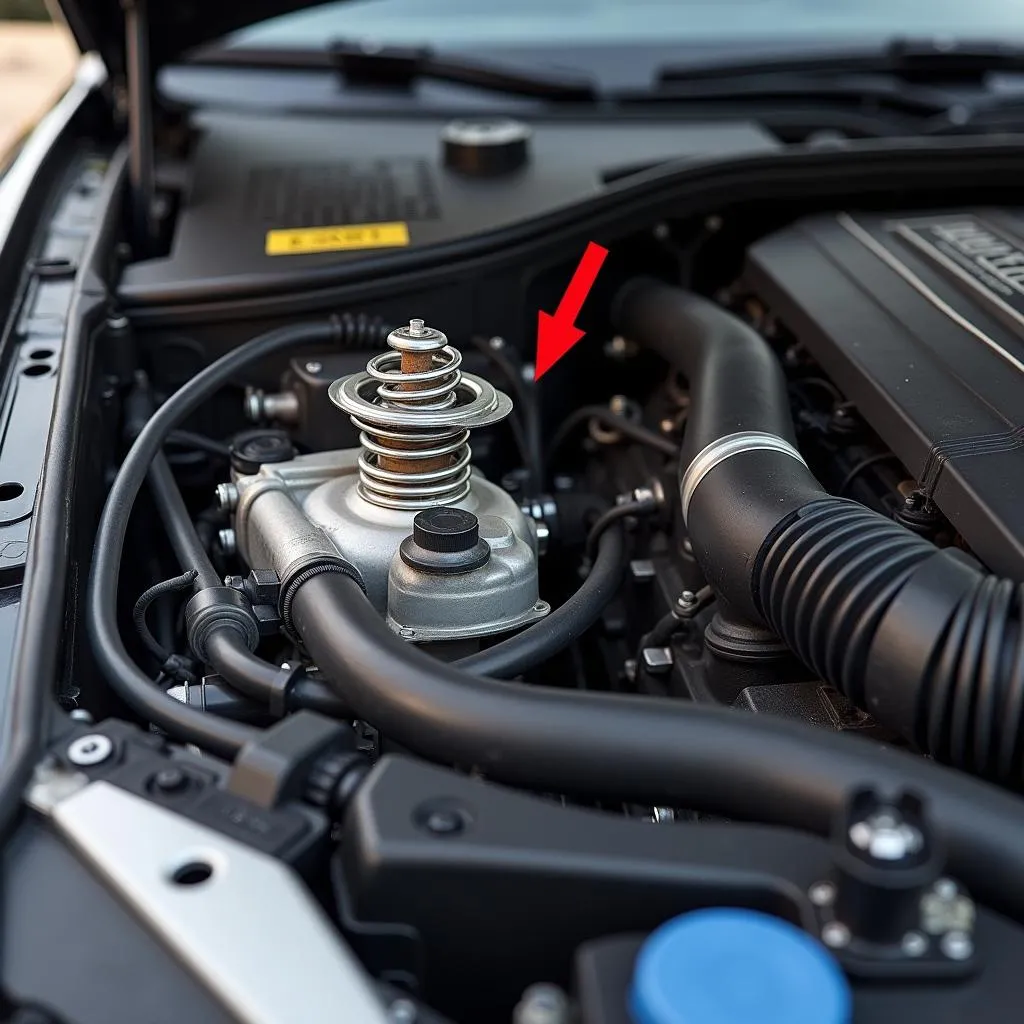 BMW E90 Engine Bay with Highlighted Thermostat