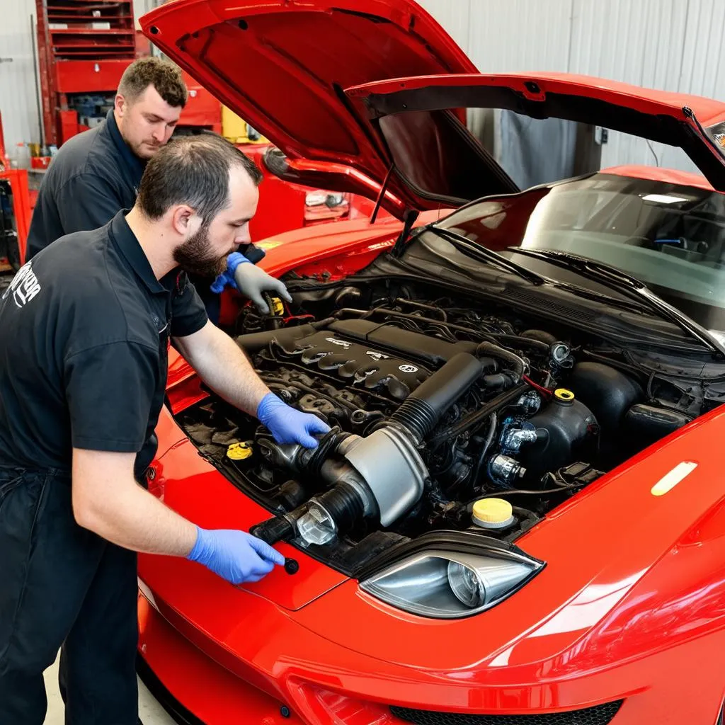 Mechanics working on a car engine