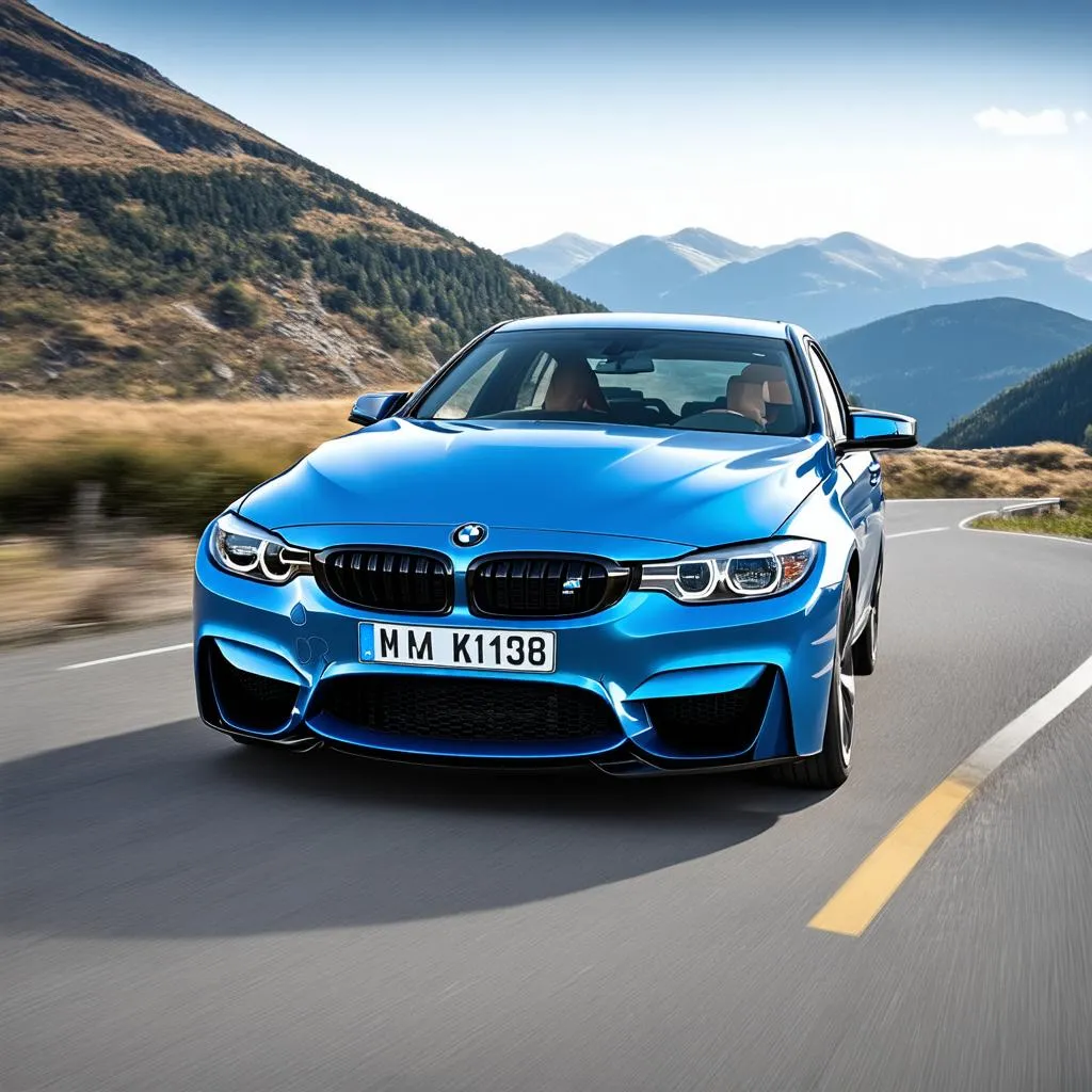 BMW F30 M3 driving on a scenic mountain road