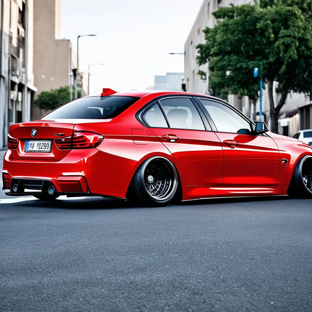 Red BMW F30 with a wide body kit parked on a city street