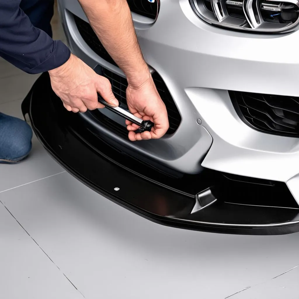 Mechanic Installing Front Lip Spoiler on BMW F32