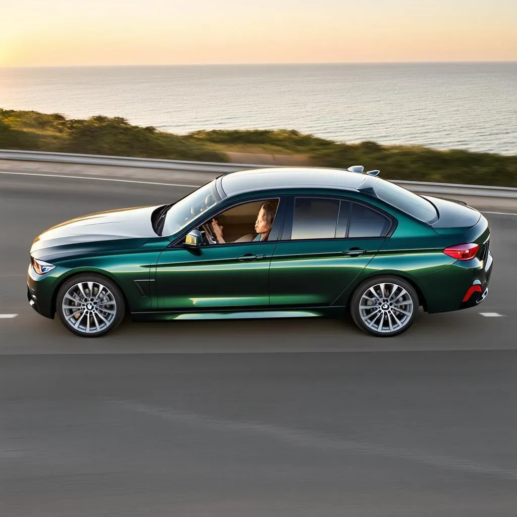 Forest Green BMW 3 Series on a coastal highway