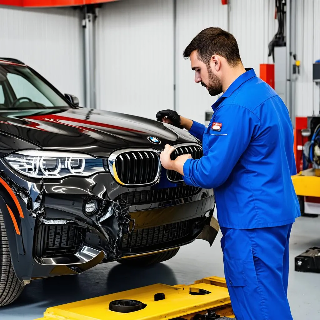 BMW front bumper repair in a workshop