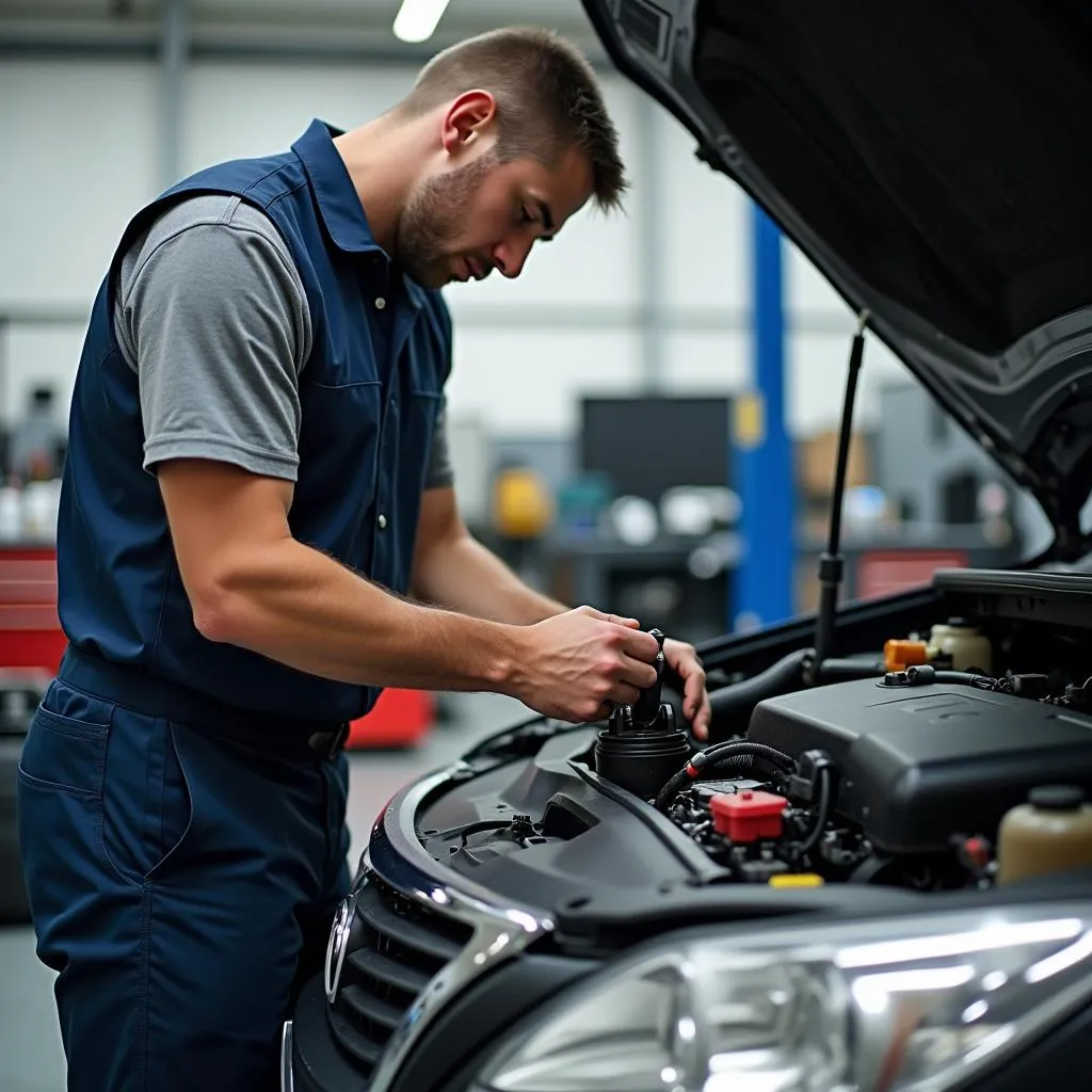 Mechanic replacing a fuel pump on a BMW