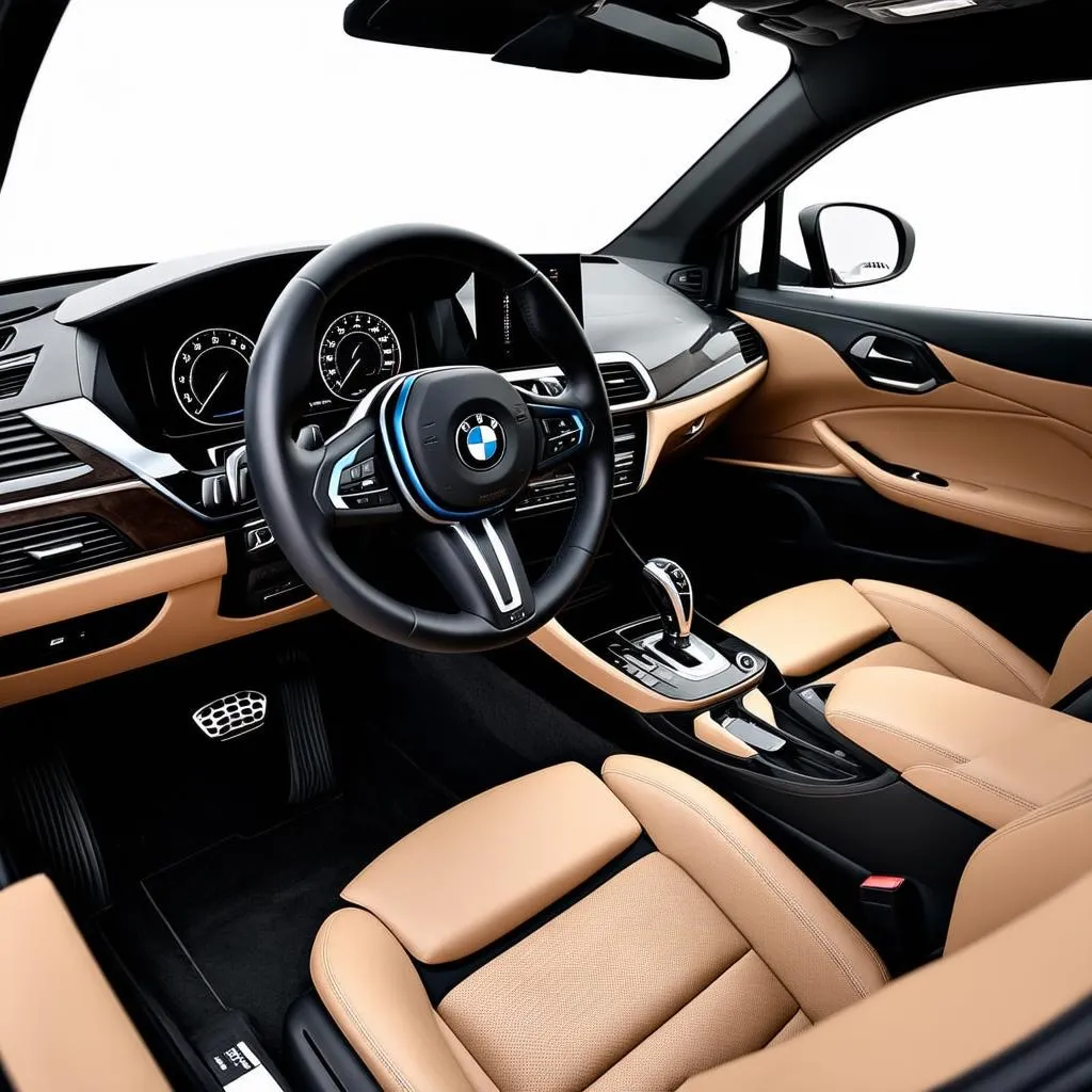 BMW i3 interior with beige leather seats and wood trim